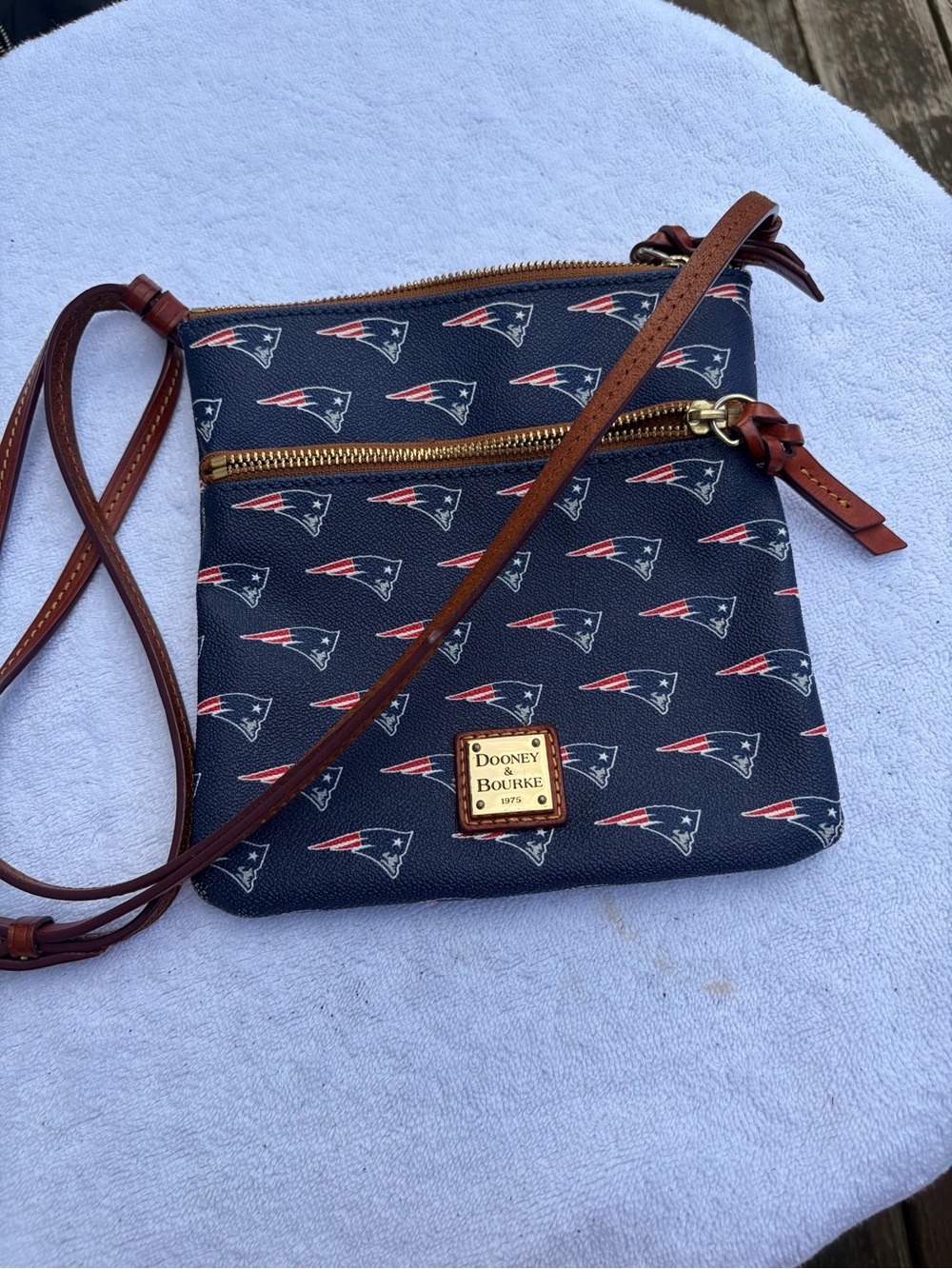 Dooney & Bourke Navy Red & White Patriots Print Crossbody with Brown Strap